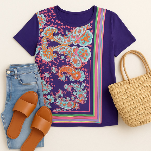 Maeve for Anthropologie Maddie Printed Paisley Top | Purple Multicolor | Size S - Picture 1 of 10